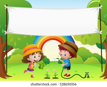 Banner template with kids watering plants illustration