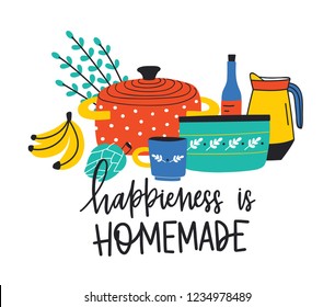 Banner template with kitchenware or kitchen utensils for cooking and Happiness Is Homemade phrase handwritten with elegant calligraphic script. Colored vector illustration in modern flat style.