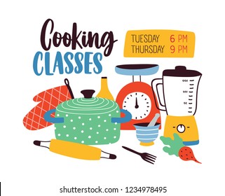 Banner template with kitchenware or kitchen utensils for cooking or food preparation. Colored vector illustration in modern flat style for culinary classes or lessons advertisement, promotion.