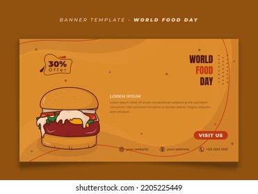 Plantilla de banner en el paisaje de fondo con caricatura del diseño de hamburguesas para el día mundial de la comida