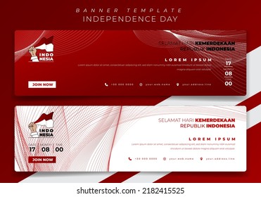 Plantilla de banner en paisaje con líneas de fondo rojo y blanco y significado de texto indonesio es Feliz Día de la Independencia de Indonesia