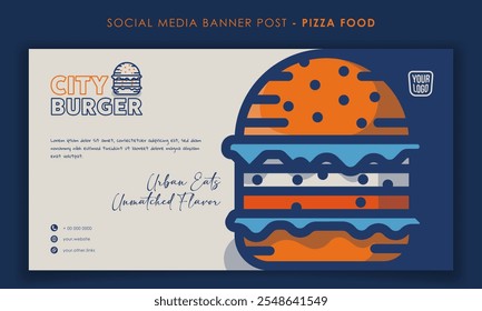 Banner template with line art burger design in white background for burger street food advertising campaign. Burger fast food template design