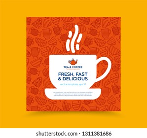 Banner template with logo badge and outline pattern in cup shape. Card flyer poster illustration with your text for cafe, tea shop, bar, restaurant, menu, promotion. Flat style vector illustration.