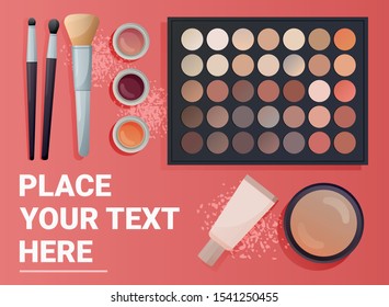 Banner template with make up tubes, brushes, lipstick, shadow palette on pink background