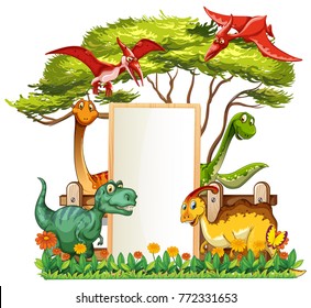 Banner template with many dinosaurs in garden illustration