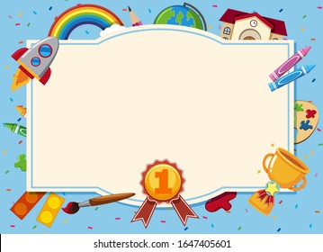 Plantilla de banner con muchos elementos escolares en ilustración de fondo