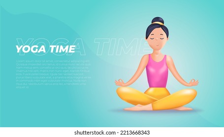 Banner template with Meditation 3D women. Happy calm Woman meditating. Zen, yoga, meditation, relax, recreation, healthy lifestyle. 3D vector