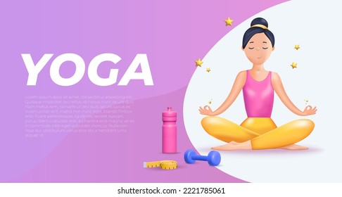 Plantilla de banner con mujeres de Meditación 3D. Mujer tranquila feliz meditando. Zen, yoga, meditación, relajación, recreación, estilo de vida saludable. vector 3D