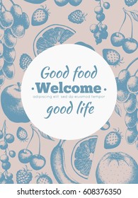 Banner template and menu with fresh fruit. Line drawing. Fresh harvest.