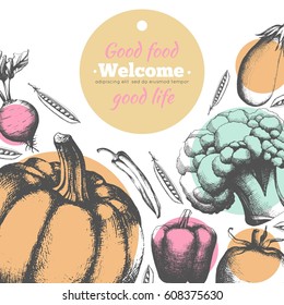 Banner template and menu with fresh vegetables. Line drawing. Fresh harvest. Vegetarian food