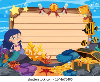Banner template with mermaid and golden coins under the sea illustration