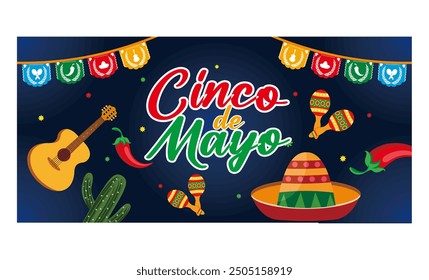 Banner template for Mexican independence celebration with traditional paper cut flags and holiday symbols. flat vector modern illustration 
