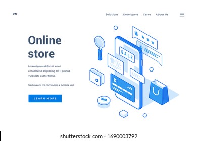 Banner template of modern web page design with blue icons and information about online store isolated on white background. Isometric web banner, landing page template