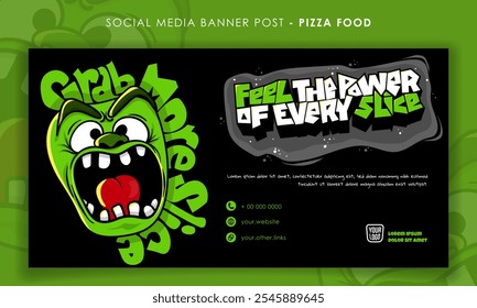 Banner template with monster mascot design in black background for pizza advertisement design. Pizza street food advertisement template