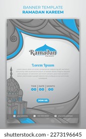 Banner template with mosque hand drawn design for ramadan kareem or eid mubarak