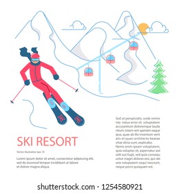Banner template for Mountain Ski Resort. Skier on winter Mountain Landscape background. Vector illustration eps 10