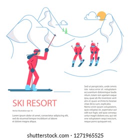 Banner template for Mountain Ski Resort. Skier on winter Mountain Landscape background. Vector illustration eps 10