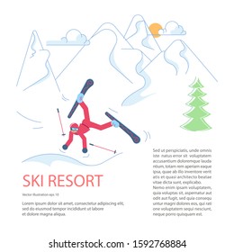 Banner template for Mountain Ski Resort. Skier falls from the mountain to snow on winter Mountain Landscape background. Flat Art Vector Illustration