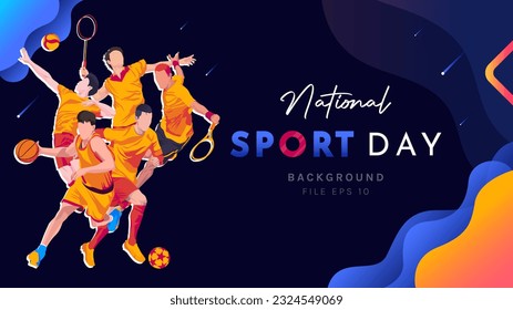 Banner template for national sports day football, basketball, badminton, tennis and volleyball background. Athletic. world sports celebration