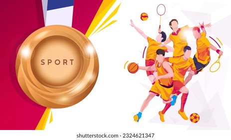 Plantilla de banner para el fútbol del día nacional del deporte, baloncesto, bádminton, tenis y voleibol. con vista de medallas aislada por antecedentes de celebración de deportes mundiales