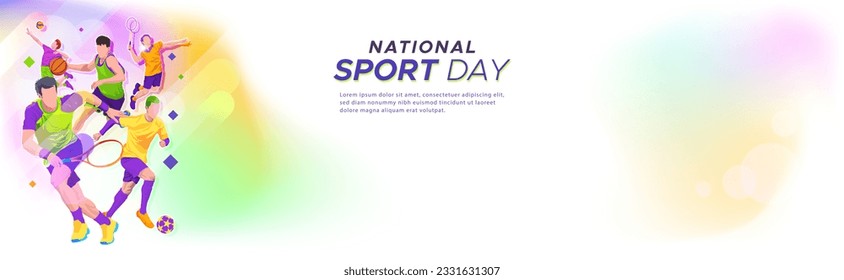 Plantilla de cartel para el fútbol del día nacional del deporte, baloncesto, tenis y voleibol de fondo. celebración de deportes mundiales