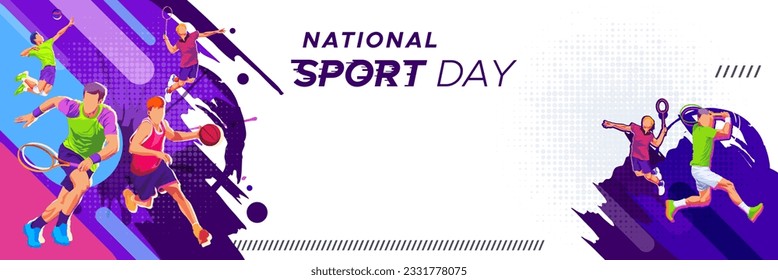 Banner template for national sports day football, basketball, tennis and volleyball background. world sports celebration