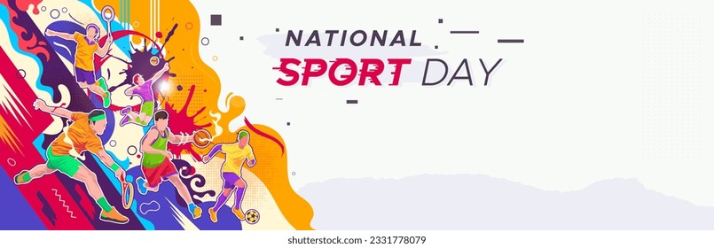 Banner template for national sports day football, basketball, tennis and volleyball background. world sports celebration