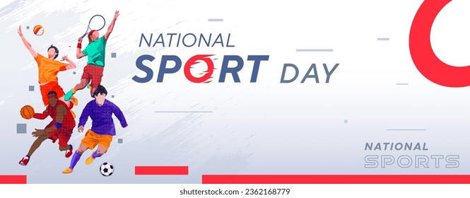 Banner template for national sports day football, basketball, tennis and volleyball background. world sports celebration