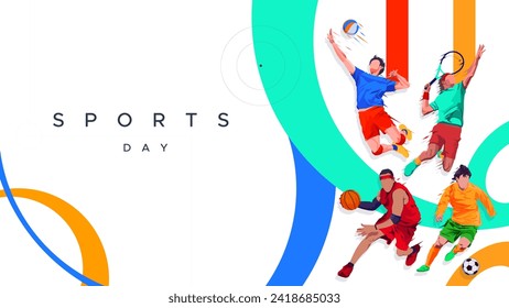 Banner template for national sports day football, basketball, tennis and volleyball background. world sports celebration