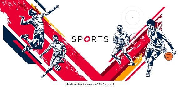 Banner template for national sports day football, basketball, tennis and volleyball background. world sports celebration