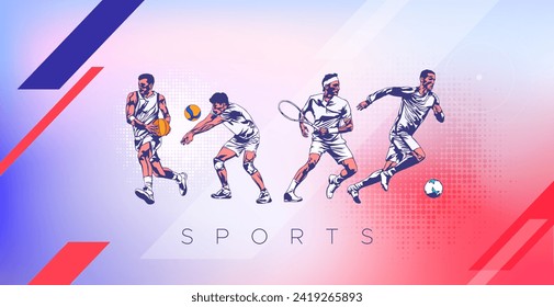 Banner template for national sports day football, basketball, tennis and volleyball background. world sports celebration