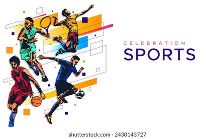 Banner template for national sports day football, basketball, tennis and volleyball background. world sports celebration