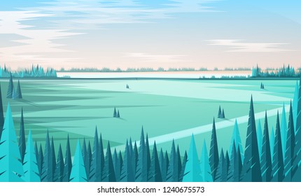 Banner template with natural scenery or landscape, green coniferous forest trees on foreground, large field, horizon line and clear sky on background. Colored vector illustration in modern flat style.