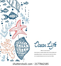 A banner template in a nautical style. Hand drawn seashells, fish, seahorses and starfish in sketch style. Life of the ocean. Handwritten lettering. A greeting card. Beach party. 