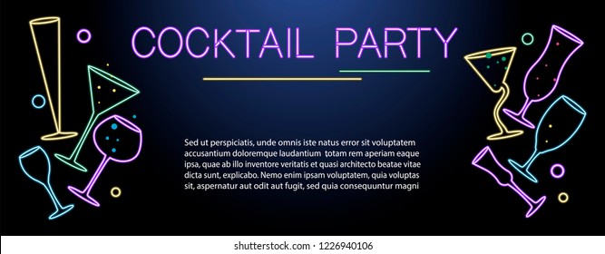 Banner template for night cocktail party. Neon sign, bright alcoholic signboard, light banner. Vector illustration eps10
