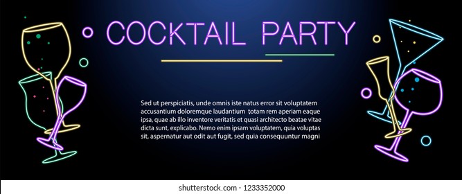 Banner template for night cocktail party. Neon sign, bright alcoholic signboard, light banner. Vector illustration eps10