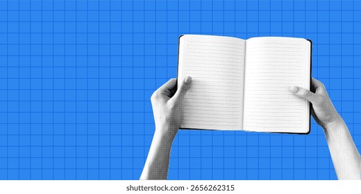 Modelo de banner com um caderno e mãos. Cartaz de meio-tom com as mãos. Peças vetoriais na moda. Sinais de gesto. Colagem de arte moderna com as mãos. 