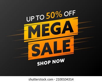 Banner template offering mega sale half price discount. Shop now with up to 50 percent off announcement vector illustration. Business, marketing and e-commerce concept