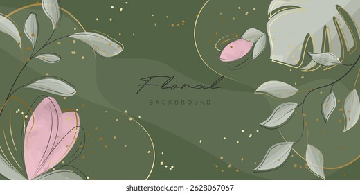 Modelo de banner no fundo verde com flores. Fundo de luxo para cartão postal, cartaz, banner, texto, site e embalagem. Estilo minimalista com linhas douradas de flores e folhas de sakura. Vetor