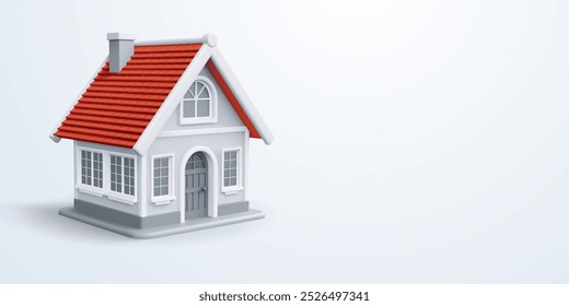 Modelo de banner sobre tema imobiliário com casa bonito com telhado de azulejo vermelho no fundo cinza claro. Conceito de compra, venda, aluguer ou proteção, seguro de propriedade. Ilustração realista do vetor 3d