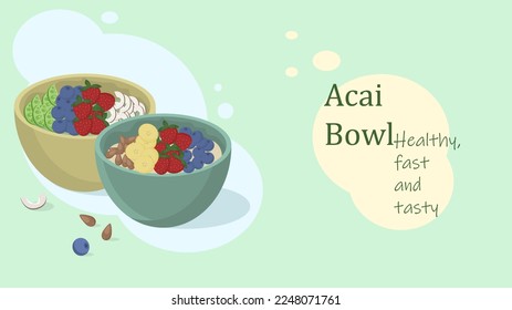 Banner template on the theme of healthy Latin American food. Two acai bowls with different fruits and nuts.