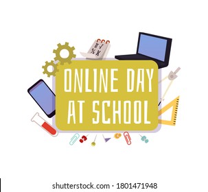 Banner template for online day at school, flat vector illustration isolated on white background. Children online education, e-learning and homeschooling concept.