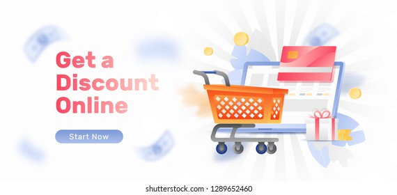 Banner template of online shop. Vector shopping cart, gift box and credit card over an open laptop.