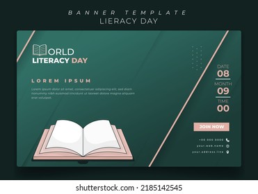 banner template with opened book in green background design for literacy day design