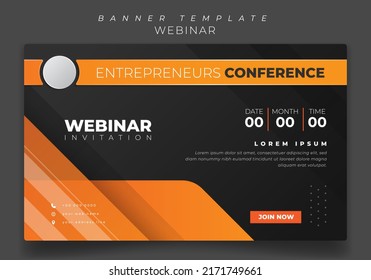 Plantilla de banner con fondo geométrico naranja y negro para diseño de invitación a seminarios web