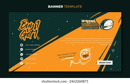 Banner template in orange green abstract background with simple typography and burger in vector design. good template for fast food or street food banner