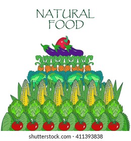 Banner or template with organic products . Conceptual illustration with vegetables . Background about healthy food in flat design style . Pyramid of vegetables. Top-down view