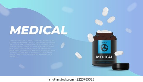 Banner template with packaging for pills in a plastic jar on a white background. With scattered pills. label layout.
