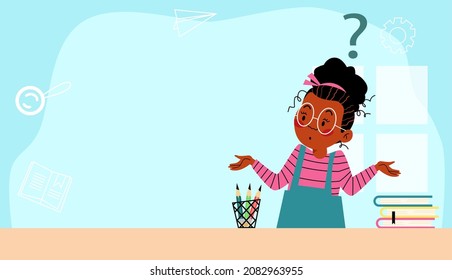 Plantilla de banner con una pensativa niña afroamericana con signo de interrogación, ilustración vectorial plana. Afiche que se burla de un niño pensante en dudas.