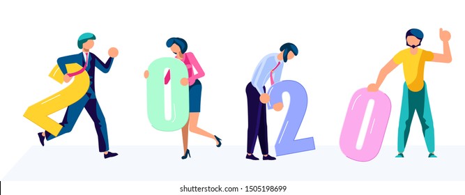 Banner template with People hold 2020 plate and dancing in flat design. Young happy men and women team move to the music and preparing to meet the new year. Flat Art Vector illustration